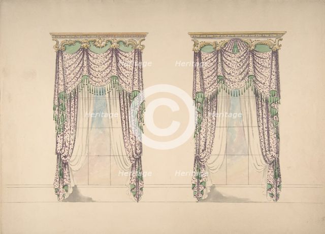 Design for Pink and White Curtains with Green Fringes, and Gold and White Pediments, c1820. Creator: Anon.