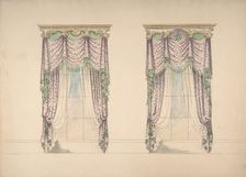 Design for Pink and White Curtains with Green Fringes, and Gold and White Pediments, c1820. Creator: Anon