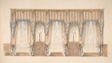 Design for Pink, Gold, Blue and White Curtains with Blue Fringes and a Gold..., early 19th cent. Creator: Anon
