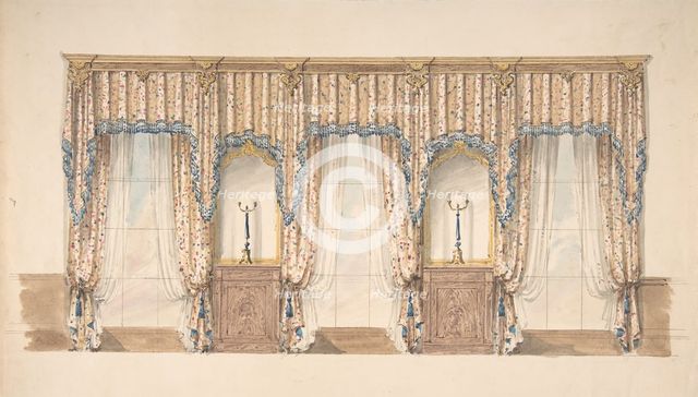 Design for Pink, Gold, Blue and White Curtains with Blue Fringes and a Gold..., early 19th cent. Creator: Anon.