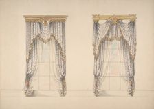 Design for Pink, Green and White Curtains with Gold and Red Fringes, and Gold..., ca. 1820. Creator: Anon