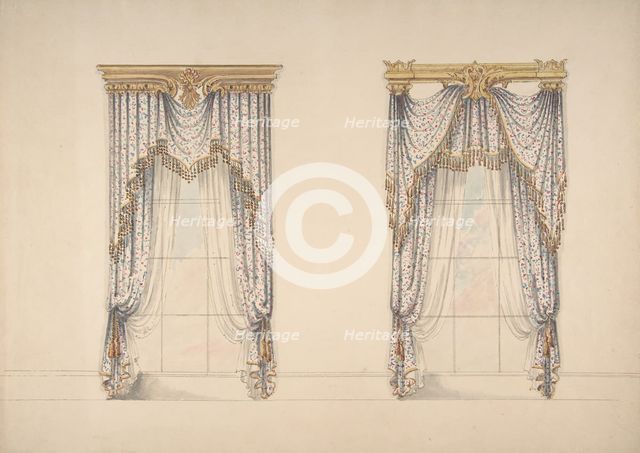Design for Pink, Green and White Curtains with Gold and Red Fringes, and Gold..., ca. 1820. Creator: Anon.
