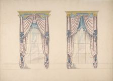 Design for Pink, White and Blue Curtains with Blue Fringes, and Gold and Blue Pediments, c1820. Creator: Anon