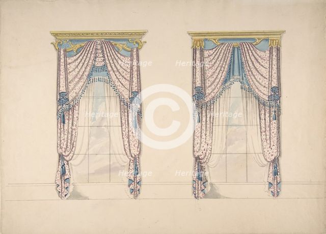 Design for Pink, White and Blue Curtains with Blue Fringes, and Gold and Blue Pediments, c1820. Creator: Anon.