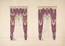 Design for Purple Curtains with Gold Fringes and a Gold and White Pediment, early 19th century. Creator: Anon