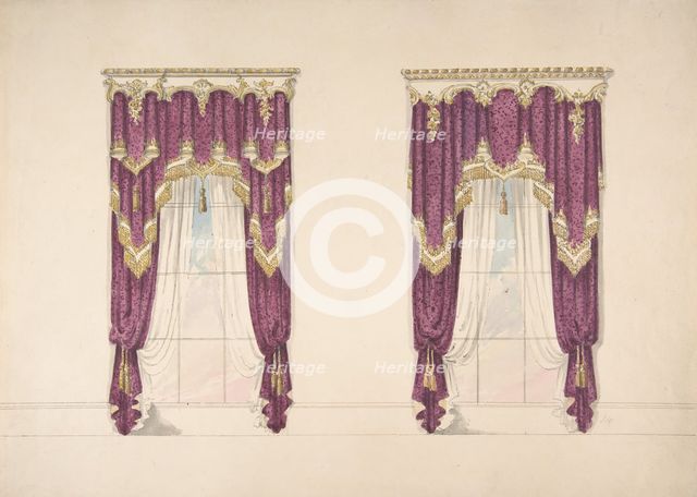 Design for Purple Curtains with Gold Fringes and a Gold and White Pediment, early 19th century. Creator: Anon.