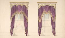 Design for Purple Curtains with Gold Fringes and a Gold and White Pediment, early 19th century. Creator: Anon