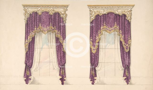 Design for Purple Curtains with Gold Fringes and a Gold and White Pediment, early 19th century. Creator: Anon.