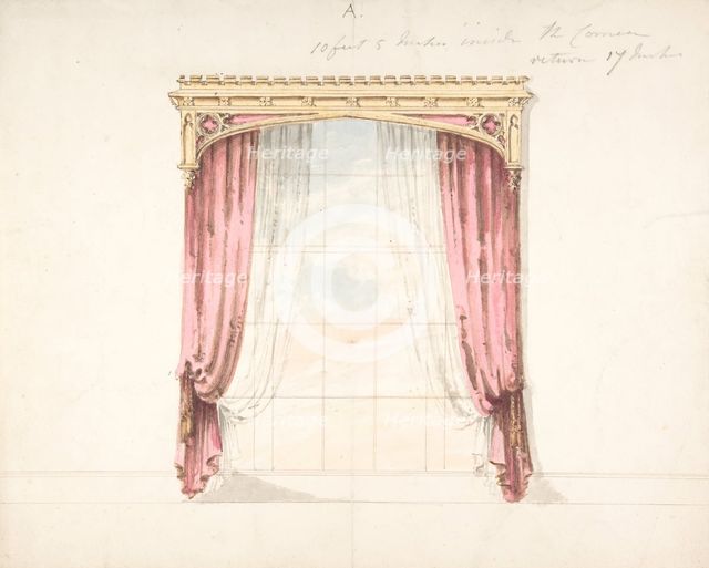 Design for Red Curtains with a Gothic Style Gold Pediment, early 19th century. Creator: Anon.