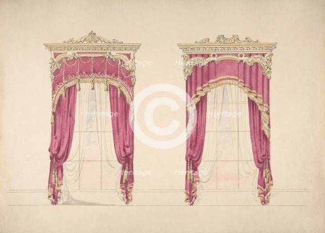 Design for Red Curtains with Gold Fringes and a Gold and White Pediment, early 19th century. Creator: Anon.