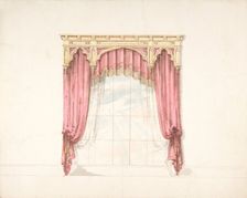 Design for Red Curtains with Gold Fringes and a Gold Gothic Pediment, early 19th century. Creator: Anon