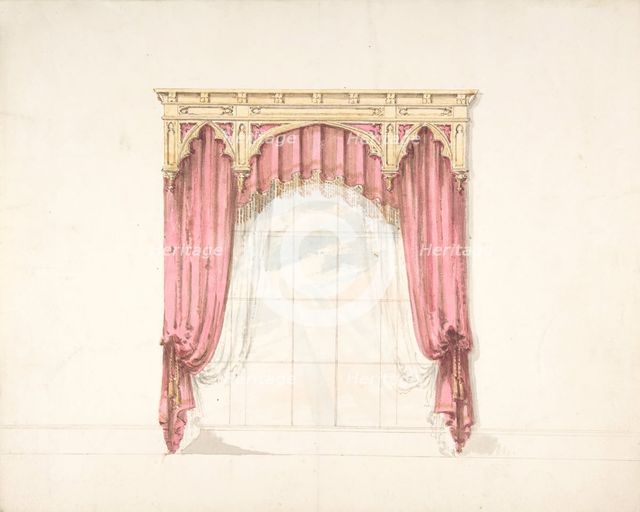 Design for Red Curtains with Gold Fringes and a Gold Gothic Pediment, early 19th century. Creator: Anon.