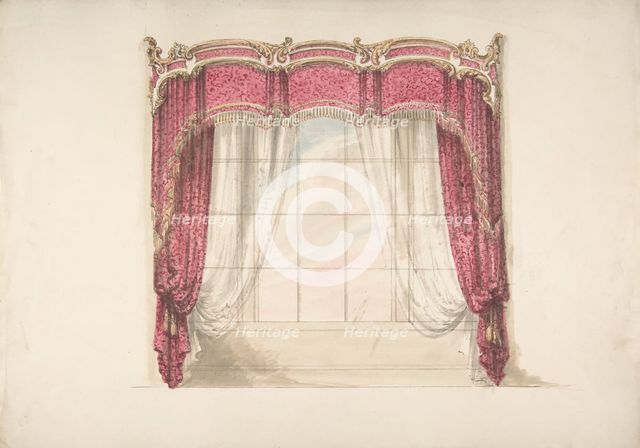 Design for Red Curtains with Gold Fringes and a Gold, Red and White Pediment, early 19th cent. Creator: Anon.