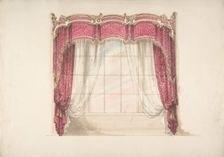 Design for Red Curtains with Gold Fringes and a Gold, Red and White Pediment, early 19th cent. Creator: Anon