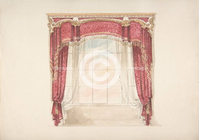 Design for Red Curtains with Gold Fringes and Gold and White Pediment, early 19th century. Creator: Anon.