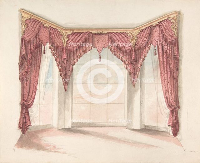 Design for Red Curtains with Red Fringes and a Gold Pediment, early 19th century. Creator: Anon.