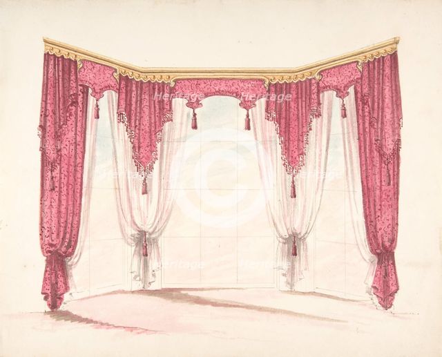 Design for Red Curtains with Red Fringes and a Gold Pediment, early 19th century. Creator: Anon.