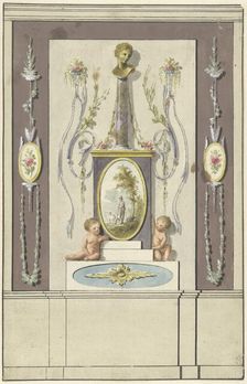 Design for room decorations with a panel with a bust on a column, 1767-1823. Creator: Abraham Meertens