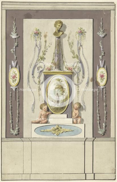 Design for room decorations with a panel with a bust on a column, 1767-1823. Creator: Abraham Meertens.