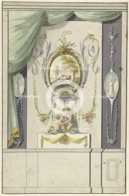 Design for room decorations with a panel with a medallion with cows, 1767-1823. Creator: Abraham Meertens.