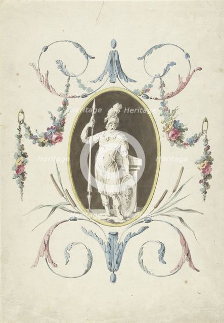 Design for room decorations with a panel with a standing warrior, 1767-1823. Creator: Abraham Meertens.