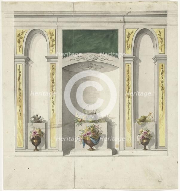 Design for room decorations with three niches and flower vases, 1767-1823. Creator: Abraham Meertens.
