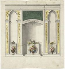 Design for room decorations with three niches and flower vases, 1767-1823. Creator: Abraham Meertens