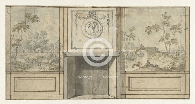 Design for room wall with fireplace in grey with medallion, c.1752-c.1819. Creator: Juriaan Andriessen.