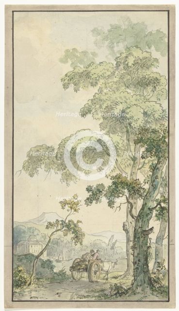 Design for room wallpaper of landscape with cart, c.1752-c.1819. Creators: Juriaan Andriessen, Isaac de Moucheron.