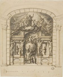 Design for Stage Scenery (Hampton Court) with Mythological Figures, 1695/1734. Creator: Sir James Thornhill