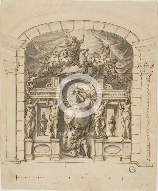 Design for Stage Scenery (Hampton Court) with Mythological Figures, 1695/1734. Creator: Sir James Thornhill.