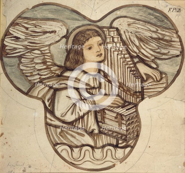 Design for stained glass in Lyndhurst Church: An Angel Organist, 1886. Artist: Sir Edward Coley Burne-Jones.