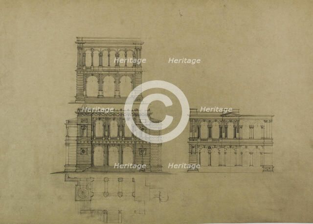 Design Projects, Building Elevation Studies and Plan, c. 1860-1870. Creator: Carl J Furst.