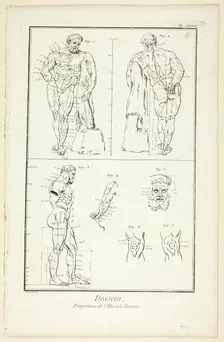Design: Proportions of the Farnese Hercules, from Encyclopédie, 1762/77. Creator: Benoit-Louis Prevost