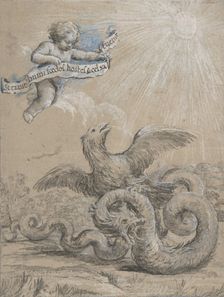 Design with an Eagle Fighting with a Serpent and a Putto in the Sky Holding..., 17th century. Creator: Pietro da Cortona