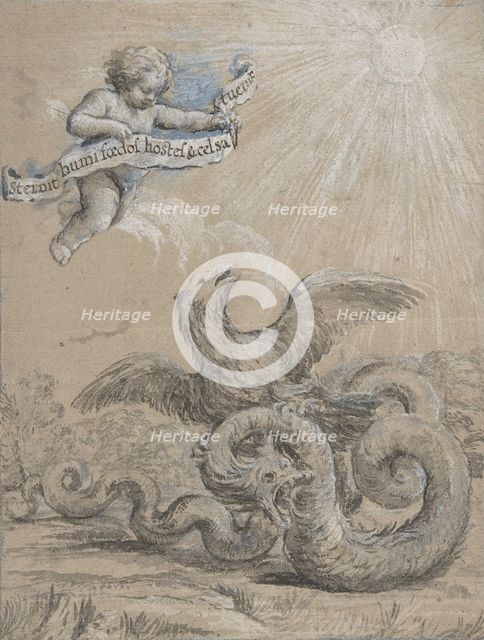 Design with an Eagle Fighting with a Serpent and a Putto in the Sky Holding..., 17th century. Creator: Pietro da Cortona.