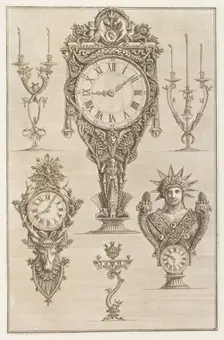 Designs for clocks and candleholders, 1769. Creator: Giovanni Battista Piranesi