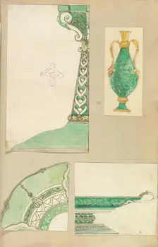 Designs for a Candlestick, Two Handled Vase, Decorated Plate and Footed Dish, 1845-55. Creator: Alfred Crowquill