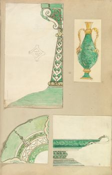 Designs for a Candlestick, Two Handled Vase, Decorated Plate and Footed Dish, 1845-55. Creator: Alfred Crowquill