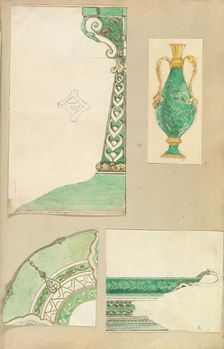 Designs for a Candlestick, Two Handled Vase, Decorated Plate and Footed Dish, 1845-55. Creator: Alfred Crowquill