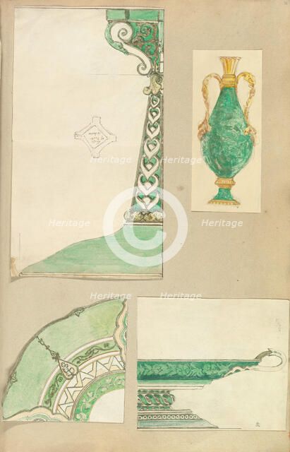 Designs for a Candlestick, Two Handled Vase, Decorated Plate and Footed Dish, 1845-55. Creator: Alfred Crowquill.