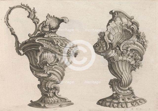Designs for a Ewer and a Lidded Vase, Plate 2 from: 'Schöne und auf die neu..., Printed ca. 1750-56. Creator: Jeremias Wachsmuth.