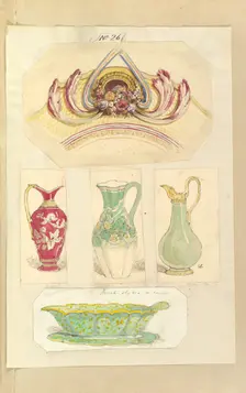 Designs for an Pierced Border Ornament, Three Pitchers and an Open Basin (recto)..., 1845-55. Creator: Alfred Crowquill