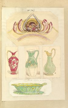 Designs for an Pierced Border Ornament, Three Pitchers and an Open Basin (recto)..., 1845-55. Creator: Alfred Crowquill