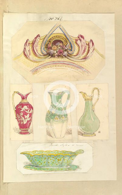 Designs for an Pierced Border Ornament, Three Pitchers and an Open Basin (recto)..., 1845-55. Creator: Alfred Crowquill.