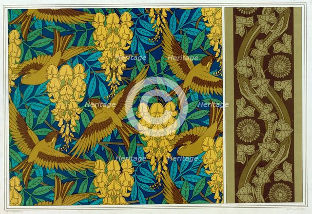 Designs for Birds and Wisteria Hanging and wallpaper border with Lizards and Ivy,  pub. 1897. Creator: Maurice Pillard Verneuil (1869?1942).