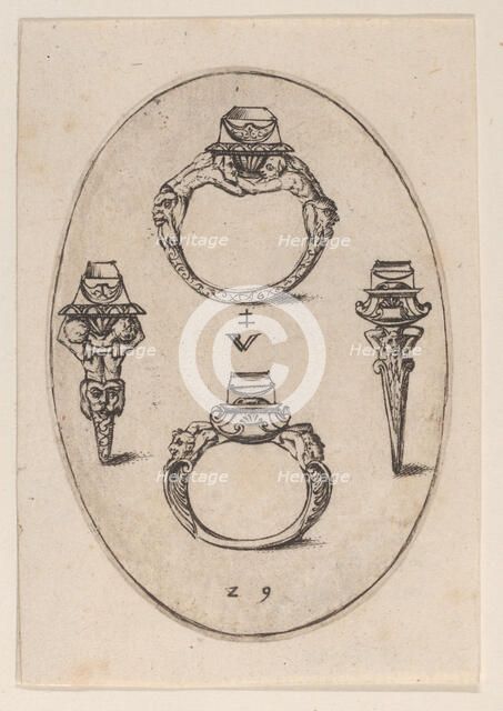 Designs for Four Rings, Plate 29 from 'Livre d'Aneaux d'Orfevrerie', 1561. Creator: Pierre Woeiriot.