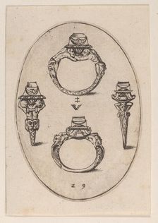 Designs for Four Rings, Plate 29 from Livre d'Aneaux d'Orfevrerie 1561. Creator: Pierre Woeiriot