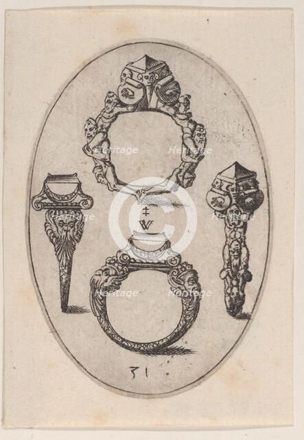 Designs for Four Rings, Plate 31 from 'Livre d'Aneaux d'Orfevrerie', 1561. Creator: Pierre Woeiriot.