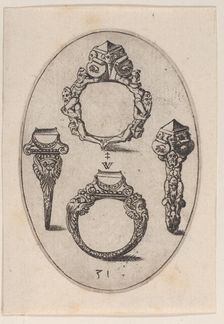 Designs for Four Rings, Plate 31 from Livre d'Aneaux d'Orfevrerie 1561. Creator: Pierre Woeiriot
